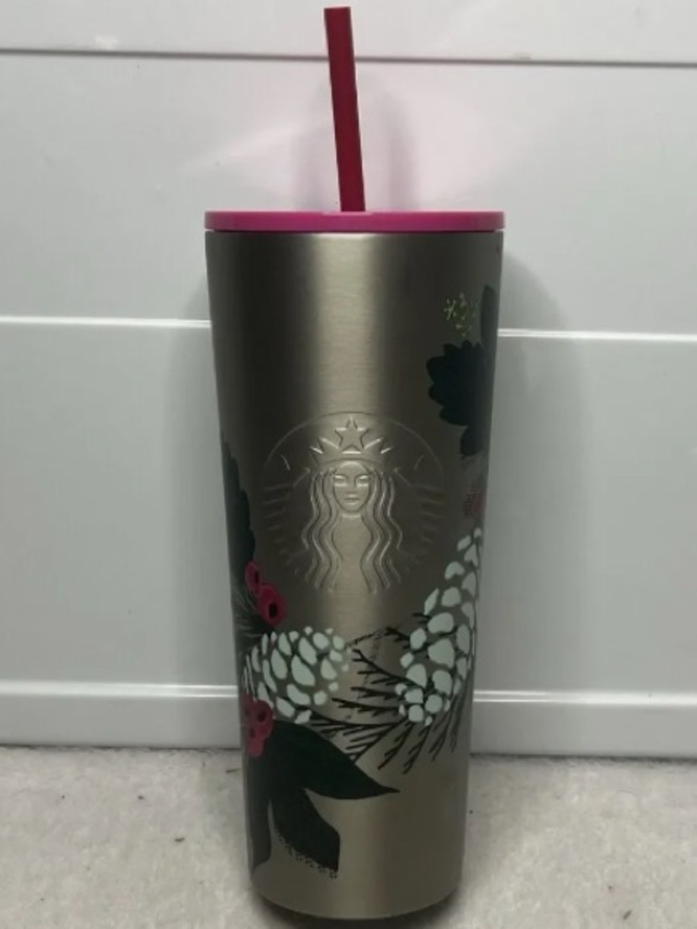 Floral Metallic Travel Tumbler with Pink Lid and Straw